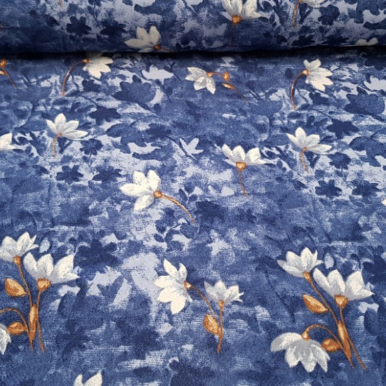 Crepe Blue Flowers fabric - Precious crepe fabric with flowers in shades of blue and white with brown stems, making it look like a canvas. The crepe fabric is used above all in making dresses, skirts, pareos... it is very light and soft. The wi