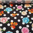 Crepe Polka Dots and Colored Roses fabric - Crepe Koshibo fabric with a lot of drape with large polka dots and roses of various colors on a black and white background. An ideal fabric for flamenco dress. Its composition is 100% Polyester and the width of 