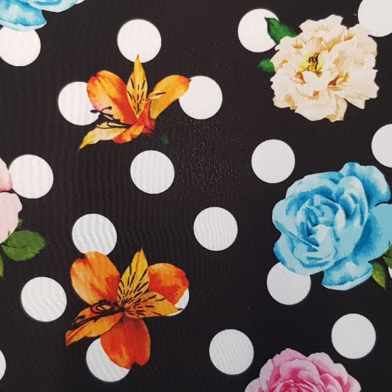 Crepe Polka Dots and Colored Roses fabric - Crepe Koshibo fabric with a lot of drape with large polka dots and roses of various colors on a black and white background. An ideal fabric for flamenco dress. Its composition is 100% Polyester and the width of 