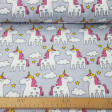 Tela Franela Unicornios Gris - Tela infantil de franela algodón con dibujos de unicornios sobre un fondo de color gris. La tela mide 160cm de ancho y su composición 100% algodón.