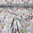 Tela Franela Unicornios Gris - Tela infantil de franela algodón con dibujos de unicornios sobre un fondo de color gris. La tela mide 160cm de ancho y su composición 100% algodón.