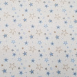 Tela Franela Estrellas - Tela de franela con dibujos de estrellas de colores azúl y rosa sobre fondo blanco. La tela de franela es muy calentita para la temporada de frío y se usa mucho en prendas infantiles y complementos. La composición es