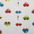 Tela Franela Coches - Bonita tela infantil de franela con dibujos de coches de colores y semáforos sobre fondo blanco. La tela es 100% algodón y de ancho mide 150cm