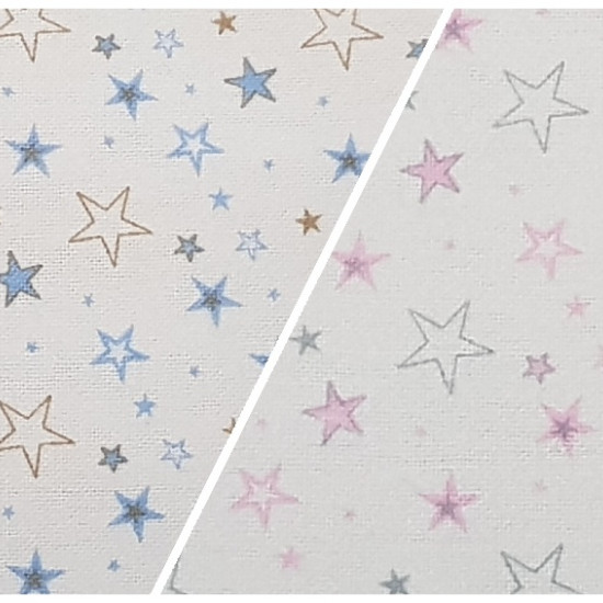 Tela Franela Estrellas - Tela de franela con dibujos de estrellas de colores azúl y rosa sobre fondo blanco. La tela de franela es muy calentita para la temporada de frío y se usa mucho en prendas infantiles y complementos. La composición es