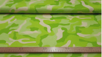 Camouflage Cotton Lime fabric - Strong cotton fabric with camouflage style pattern in lime and green colours. The fabric is 150cm wide and its composition is 100% cotton.