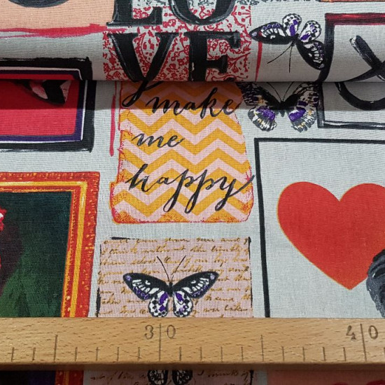 Tela Algodón Decorativo Mariposas Love Marcos - Tela de algodón decorativa con dibujos de cuadros de retratos, mariposas, rosas, frases de 