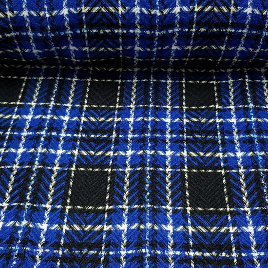 Wool Plaid Tartan Blue Black White fabric - Wool fabric mixed with polyester with blue, black and white tartan pattern. You can see spike shape in black strokes. The fabric is 150cm wide and its wool and polyester composition.