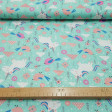 Cotton Unicorns Sparrows fabric - Lovely cotton fabric with drawings of unicorns, sparrows, clouds, plants and moles on a mint green background. This cotton fabric is ideal for children's decoration and other accessories and clothing. The fabric is 1