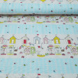Cotton Beach Houses fabric - Summer-themed cotton fabric with drawings of colorful beach huts, girls and boys in towels, balls, umbrellas ... and some fringes that are repeated simulating the sea with light blue fish.