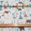 Cotton Indian Tipi Animals fabric - Beautiful children's themed cotton fabric with drawings of teepee tents in bright colors, trees, colored triangles and forest animals such as bears, bunnies and little birds. Have you noticed that animals are decorated 