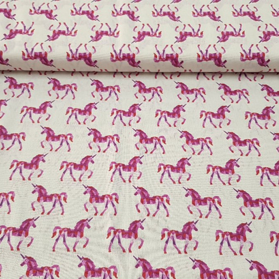 Cotton Unicorns Fuchsia Geometry fabric - Children's cotton fabric with geometric unicorn drawings of fuchsia on white background. The fabric is 150cm wide and its composition 100% cotton