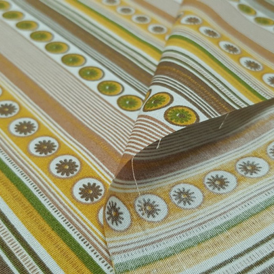 OUTLET Cotton Ocher Stripes and Circles fabric - Cotton fabric with drawings of stripes and circles in the shape of a daisy, where the colors ocher, brown, yellow predominate. The fabric is 140cm wide and its composition is 100% cotton. Cheap Fabric Outle