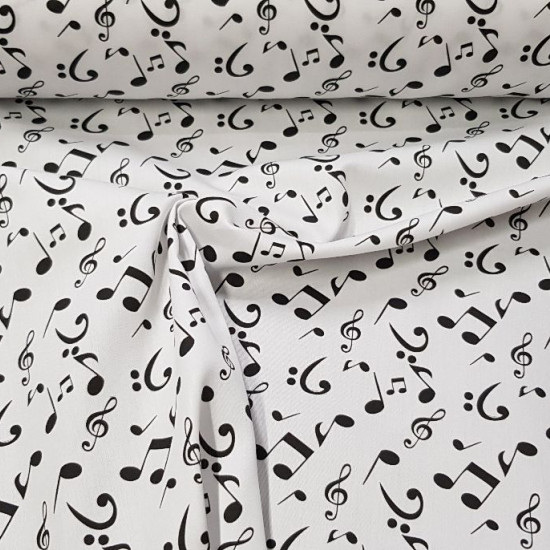 Cotton Musical Notes fabric - Satin cotton fabric with drawings of musical notes on a white background. The fabric is 140cm wide and its composition is 100% cotton.