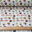 Cotton Sushi Kawaii fabric - Digitally printed cotton fabric with sushi drawings in Kawaii style, where funny sushi drawings (wasabi, nigiri, maki, uramaki ...) appear on a white background. Exclusive Textil Siles fabric. The fabric is 140c