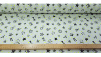 Tela Algodón Estrellas Neon Amarillo - Tela de algodón con dibujos de diferentes estrellas de color negro y otras más pequeñas de color neón amarillo sobre un fondo blanco. La tela mide 150cm de ancho y su composición 10