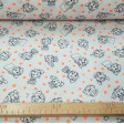 Cotton Coronavirus Neon Orange fabric - Cotton fabric with coronavirus cartoon drawings on a white background with neon orange spots. The fabric is 150cm wide and its composition is 100% cotton.