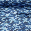 Tela Algodón Camuflaje Azul - Tela de algodón satinada con dibujos de trama camuflaje en tonos azules. La tela mide 140cm de ancho y su composición 100% algodón.