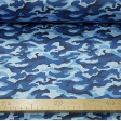 Tela Algodón Camuflaje Azul - Tela de algodón satinada con dibujos de trama camuflaje en tonos azules. La tela mide 140cm de ancho y su composición 100% algodón.