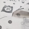 Tela Algodón Costura - Tela de algodón con dibujos de accesorios de costura sobre un fondo blanco. Aparecen cintas métricas, tijeras, agujas, dedales... La tela mide 140cm de ancho y su composición 100% algodón.