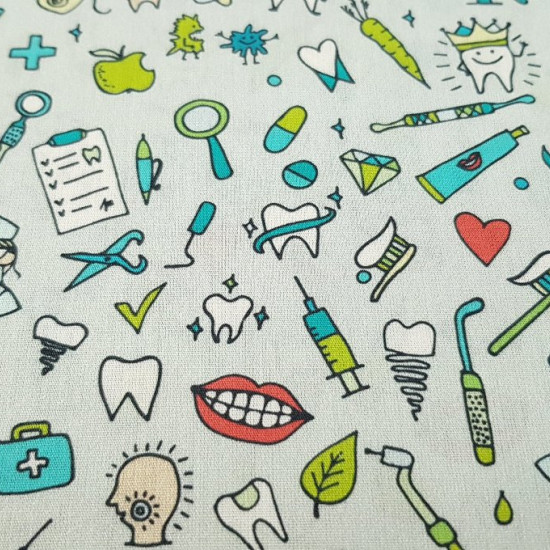 Cotton Dentist fabric - Very funny cotton fabric with drawings of teeth, brushes, mouths, molars ... themed dentist on a gray background. Ideal for gowns, hats, bags and other accessories ...  
