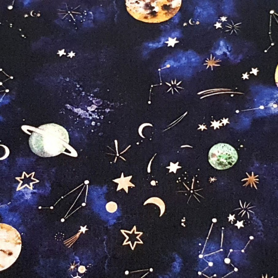 Cotton Digital Galaxy Planets fabric - Cotton fabric digital printing with drawings of planets in the universe. The fabric is 140cm wide and its composition is 100% cotton.