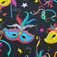 Tela Algodón Máscaras Carnaval - Tela de algodón con dibujos de máscaras de carnaval estilo veneciano con colores llamativos sobre un fondo negro. La tela mide 145cm de ancho y su composición 100% algodón.