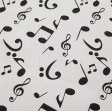 Tela Algodón Notas Musicales - Tela de algodón satinada con dibujos de notas musicales sobre un fondo blanco. La tela mide 140cm de ancho y su composición 100% algodón.