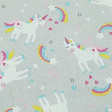 Tela Algodón Unicornios Arcoiris - Tela de algodón infantil con dibujos de unicornios, arcoiris, corazones y estrellas sobre un fondo gris. Una cucada de tela que seguro le gustará a los más peques de la casa, y no tan peques también  La tela mide 150