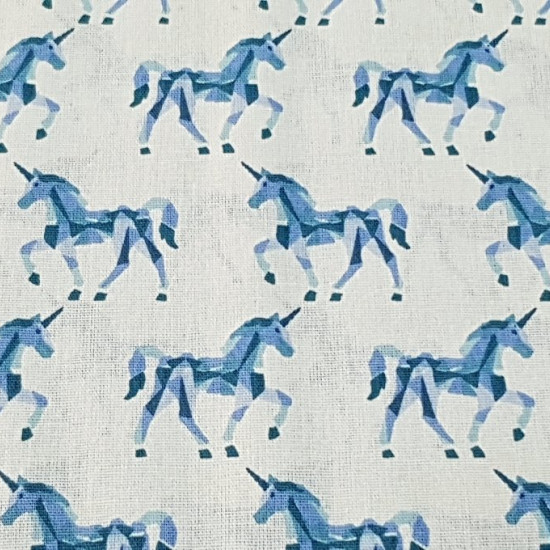Cotton Unicorns Geometry Blue fabric - Children's cotton fabric with drawings of blue unicorns on a white background. The fabric is 150cm wide and its composition 100% cotton