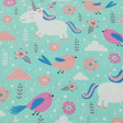 Cotton Unicorns Sparrows fabric - Lovely cotton fabric with drawings of unicorns, sparrows, clouds, plants and moles on a mint green background. This cotton fabric is ideal for children's decoration and other accessories and clothing. The fabric is 1