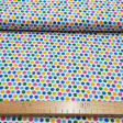 Tela Algodón Topos Multicolores - Tela de algodón ancho americano con dibujos de topos multicolor sobre un fondo blanco. La tela mide 110cm de ancho y su composición 100% algodón.