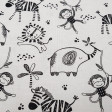 Tela Algodón Safari Central Animales - Tela de algodón con dibujos de leones, cebras, monos y elefantes sobre un fondo blanco. Esta tela forma parte de la colección Safari Central de Fabric Palette La tela mide 110cm de ancho y su composición 100% alg