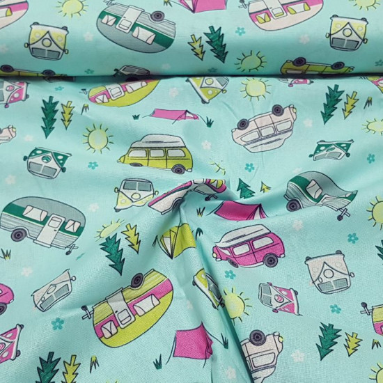 Cotton Summer Camping fabric - American width cotton fabric with drawings of motorhomes, trailers, camping tents, vans... on a mint green background. Fabric from the manufacturer Fabric Palette. The fabric is 110cm wide and its composition is