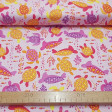 Cotton Turtles Pink Background fabric - Cotton fabric with drawings of colorful turtles swimming on a pink background with fish and corals. The fabric is 110cm wide and its composition is 100% cotton.