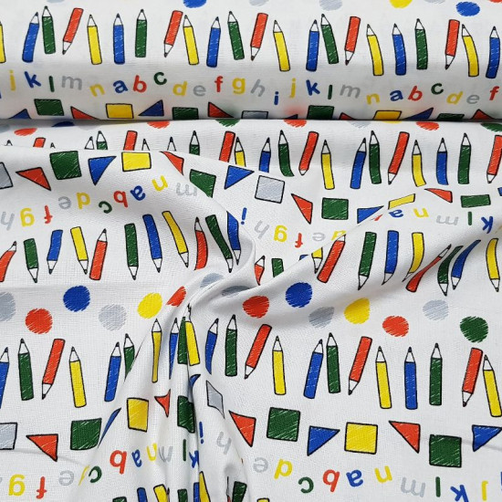 Cotton Miffy Drawing fabric - Licensed cotton fabric with drawings of colored pencils, geometric shapes and colored letters on a gray background. This fabric is part of the Miffy At Scholl collection of The Craft Cotton Company. The fabric is