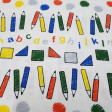 Cotton Miffy Drawing fabric - Licensed cotton fabric with drawings of colored pencils, geometric shapes and colored letters on a gray background. This fabric is part of the Miffy At Scholl collection of The Craft Cotton Company. The fabric is