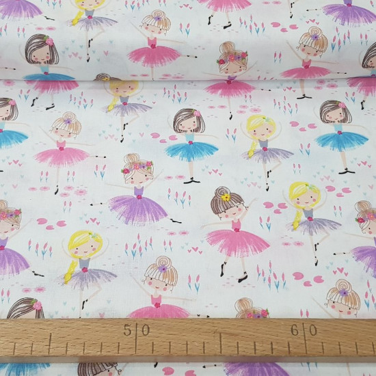 Cotton Ballerinas Flowers fabric - Cotton fabric with drawings of ballerinas on a white background with flowers and plants. The fabric is 110cm wide and its composition is 100% cotton.