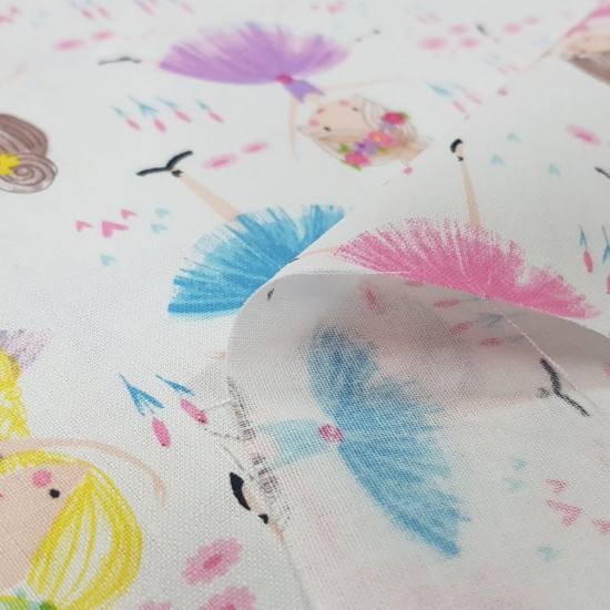 Cotton Ballerinas Flowers fabric - Cotton fabric with drawings of ballerinas on a white background with flowers and plants. The fabric is 110cm wide and its composition is 100% cotton.
