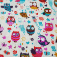 Cotton Owls Colors White fabric - Cotton fabric with drawings of owls in many colors on a cream white background with flowers. This fabric is part of The Craft Cotton Company's Happy Owls collection. The fabric is 110cm wide and its compositi