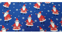 Tela Algodón Navidad Noel Azul - Tela de algodón navidad ancho americano con dibujos de papá noel sobre un fondo azul con copos de nieve. La tela mide 110cm de ancho y su composición 100% algodón.