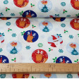 Cotton Christmas Noel Spheres fabric - Christmas cotton fabric with drawings of colored spheres where reindeer, Santa Claus, owls... appear on a white background decorated with holly trees and snowflakes. The fabric is 110cm wide and its composition is 10