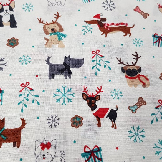 Cotton Christmas Dog Gifts White fabric - Christmas cotton fabric with drawings of dogs with reindeer antlers, gifts, ice flakes, bows... on a white background. The fabric is 110cm wide and its composition is 100% cotton.