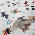Cotton Christmas Dog Gifts White fabric - Christmas cotton fabric with drawings of dogs with reindeer antlers, gifts, ice flakes, bows... on a white background. The fabric is 110cm wide and its composition is 100% cotton.