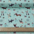 Cotton Christmas Dog Gifts Blue fabric - Christmas cotton fabric with funny drawings of dogs with reindeer antlers, gifts, bows, bones... on a light background. The fabric is 110cm wide and its composition is 100% cotton.
