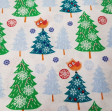 Cotton Christmas Fir Trees Owls fabric - Christmas cotton fabric with drawings of decorated fir trees and owls on top on a white background with snowflakes. The fabric is 110cm wide and its composition 100% cotton