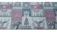Tela Algodón Navidad Bosque Mosaico - Tela de algodón navidad ancho americano con dibujos formando un mosaico de animales y cenefas navideñas. La tela mide 110cm de ancho y su composición 100% algodón.