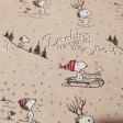 Cotton Snoopy Christmas Snow fabric - Licensed cotton poplin fabric with drawings of the dog Snoopy and his faithful friend under the snow on a light background with a Christmas theme where they pull themselves with sleds and watch the snow fall. The fab