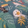 Cotton Monkeys Jungle Parrots fabric - Cotton poplin fabric with drawings of monkeys, parrots, toucans and other animals on a petrol-colored background with jungle leaves where ocher, green... The fabric is 150cm wide and its composition is 100% cotton.