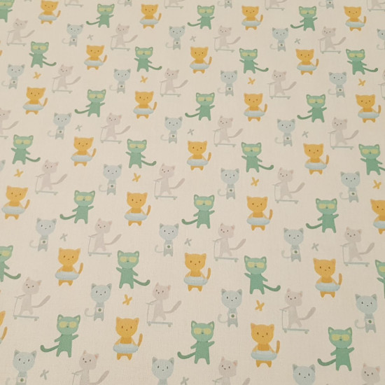 Cotton Cool Cats fabric - Cotton poplin fabric with drawings of cool cats, riding scooters, wearing sunglasses... on a light background. The fabric measures 150cm wide and its composition is 100% cotton.
