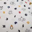 Cotton Disney Mickey Minnie Letters fabric - Disney licensed cotton fabric with drawings of Mickey and Minnie in black and white silhouettes, with colored letters as background. The fabric is 150cm wide and its composition 100% cotton.